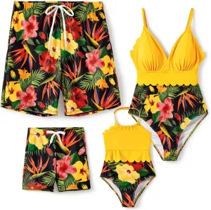 PATPAT Mommy and Me Matching Swimsuit One Piece Leaves Printed V Neck Bathing Suits Family Swimwear Matching Set