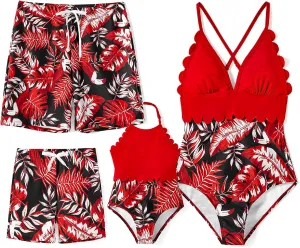 PATPAT Mommy and Me Matching Swimsuit One Piece Leaves Printed V Neck Bathing Suits Family Swimwear Matching Set