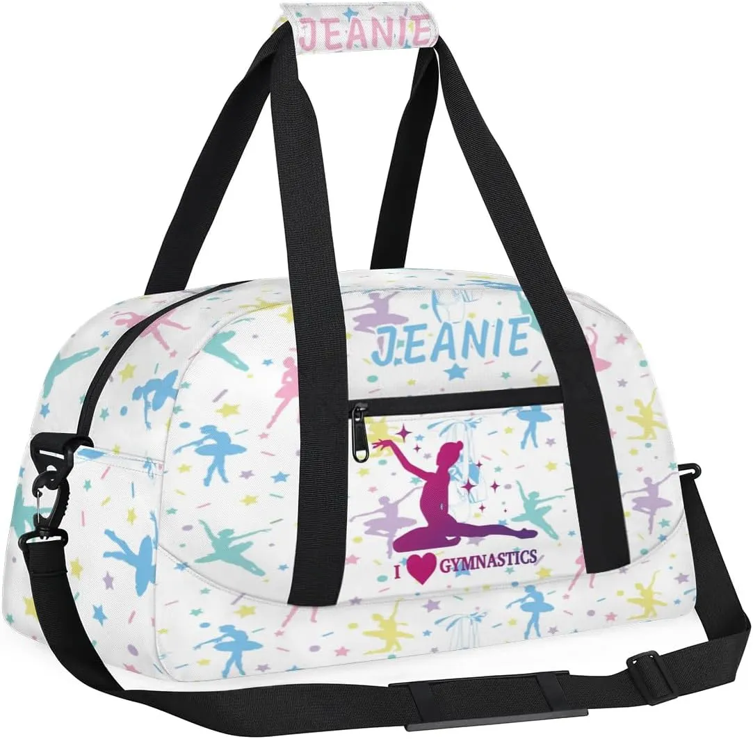 Personalize Kids Gym Duffel Bags with Custom Name & Text Gymnastics Sport Carry-On Garment Shoes Bags Gift for Girls Boys Teens Overnight Weekender Travel White 4