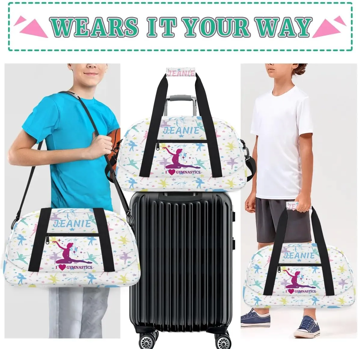 Personalize Kids Gym Duffel Bags with Custom Name & Text Gymnastics Sport Carry-On Garment Shoes Bags Gift for Girls Boys Teens Overnight Weekender Travel White 4
