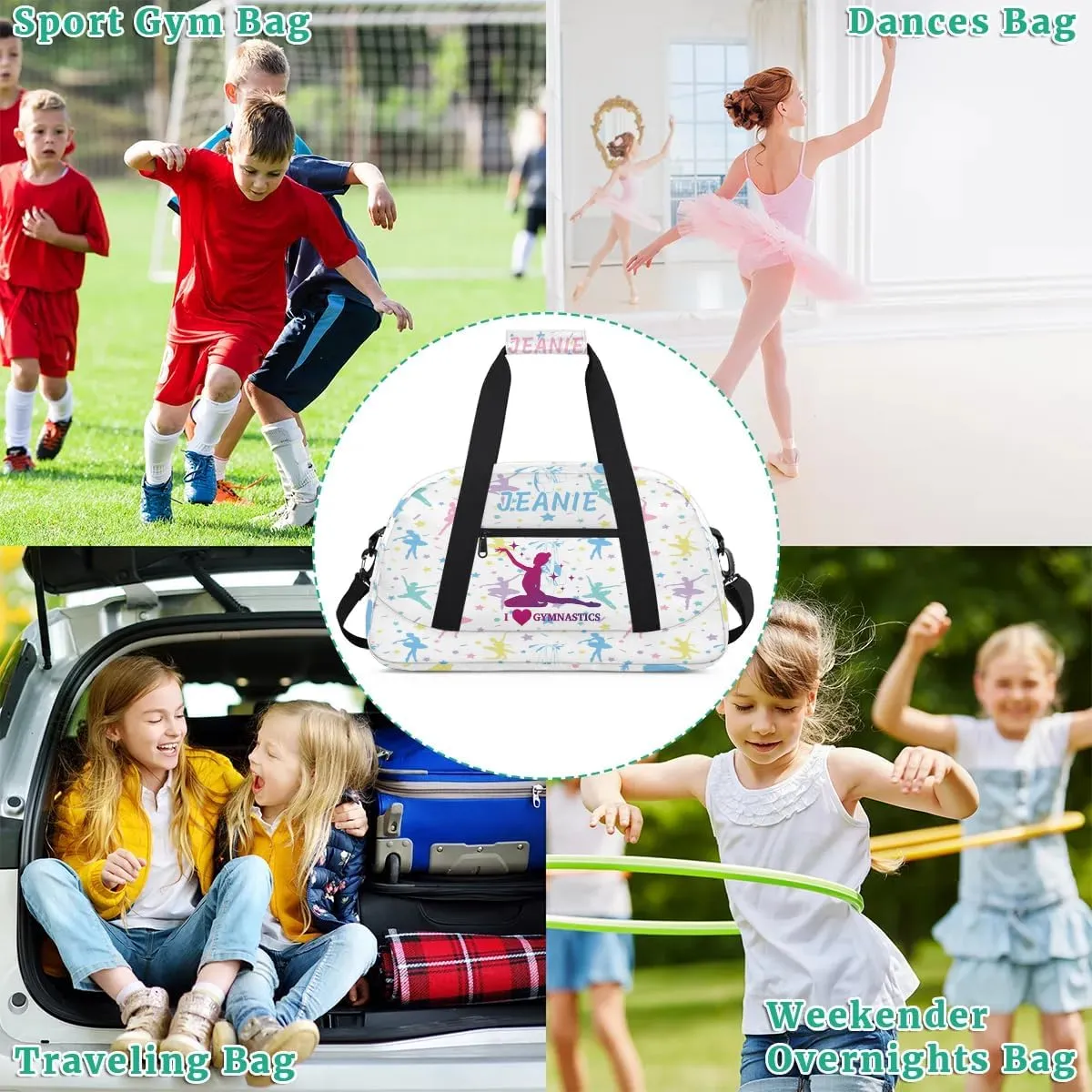 Personalize Kids Gym Duffel Bags with Custom Name & Text Gymnastics Sport Carry-On Garment Shoes Bags Gift for Girls Boys Teens Overnight Weekender Travel White 4