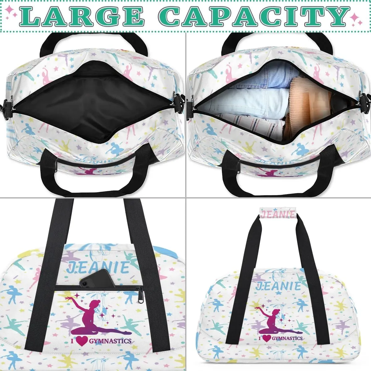 Personalize Kids Gym Duffel Bags with Custom Name & Text Gymnastics Sport Carry-On Garment Shoes Bags Gift for Girls Boys Teens Overnight Weekender Travel White 4