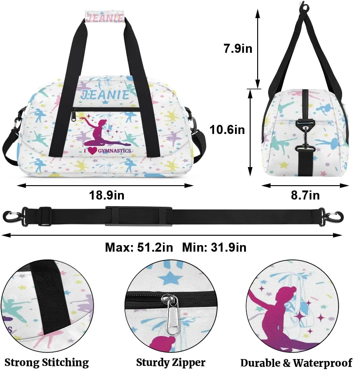 Personalize Kids Gym Duffel Bags with Custom Name & Text Gymnastics Sport Carry-On Garment Shoes Bags Gift for Girls Boys Teens Overnight Weekender Travel White 4
