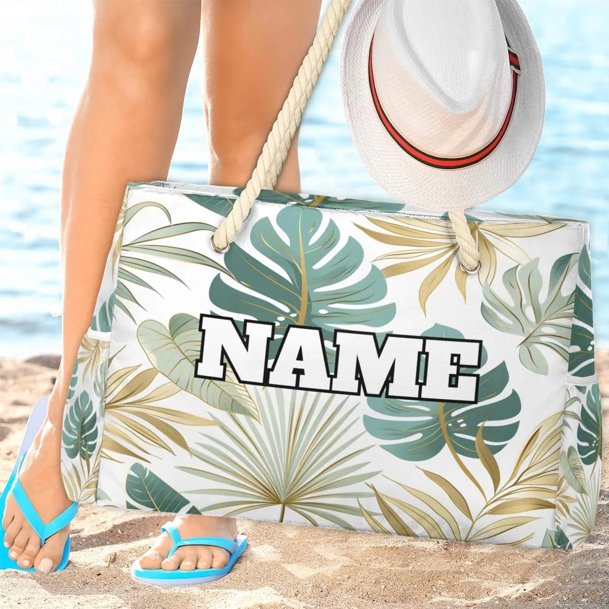 Personalized Name Beach Bags for Women, Large Beach Tote Bag with Zipper, Waterproof Sandproof Swim Pool Bags