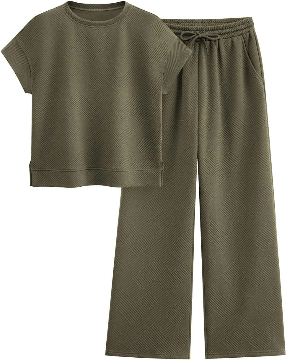 PRETTYGARDEN 2 Piece Outfits For Women Casual Tracksuit Short Sleeve Tops And Wide Leg Long Pants Matching Lounge Sets