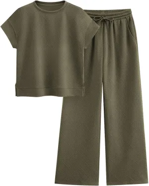 PRETTYGARDEN 2 Piece Outfits For Women Casual Tracksuit Short Sleeve Tops And Wide Leg Long Pants Matching Lounge Sets