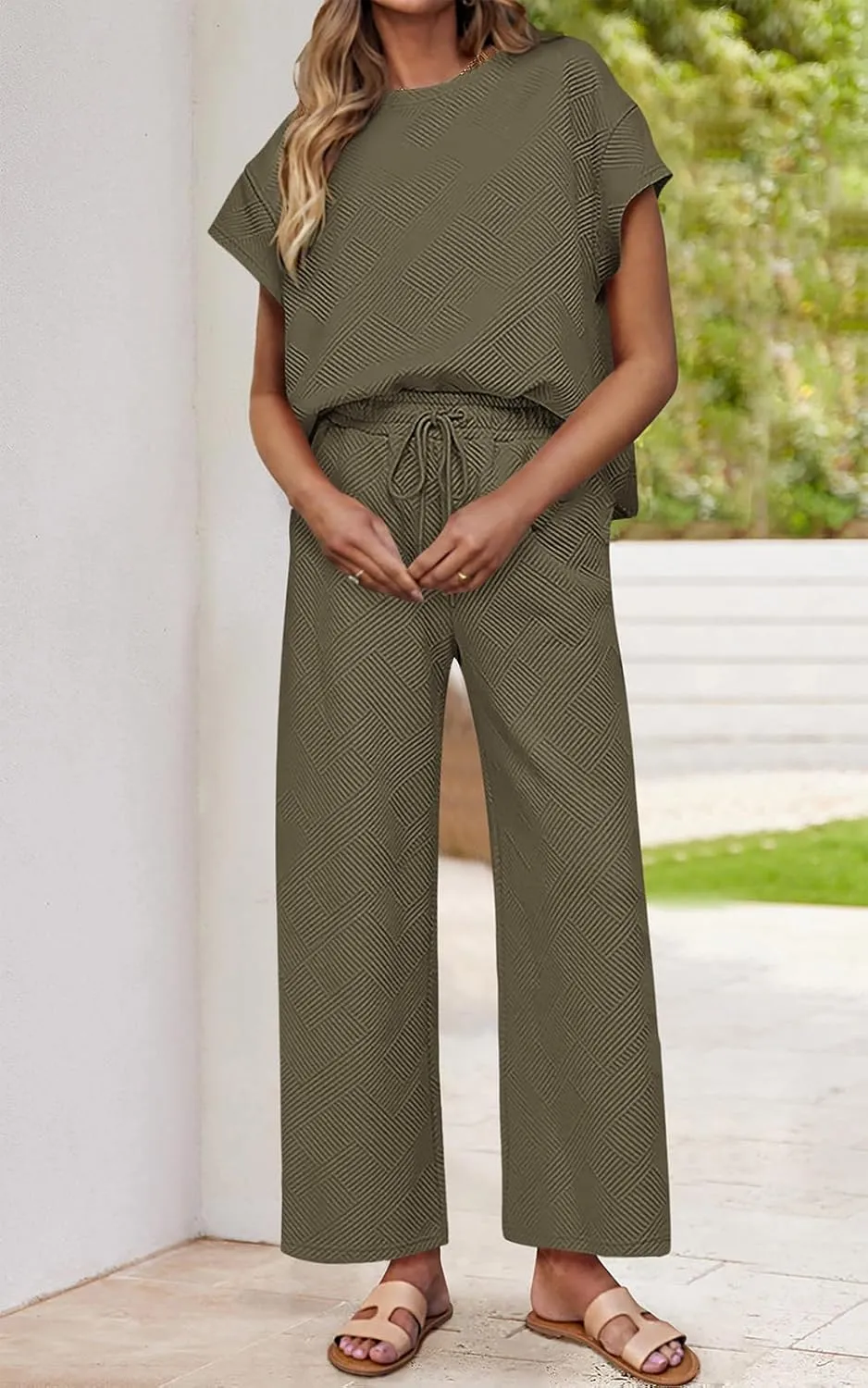 PRETTYGARDEN 2 Piece Outfits For Women Casual Tracksuit Short Sleeve Tops And Wide Leg Long Pants Matching Lounge Sets