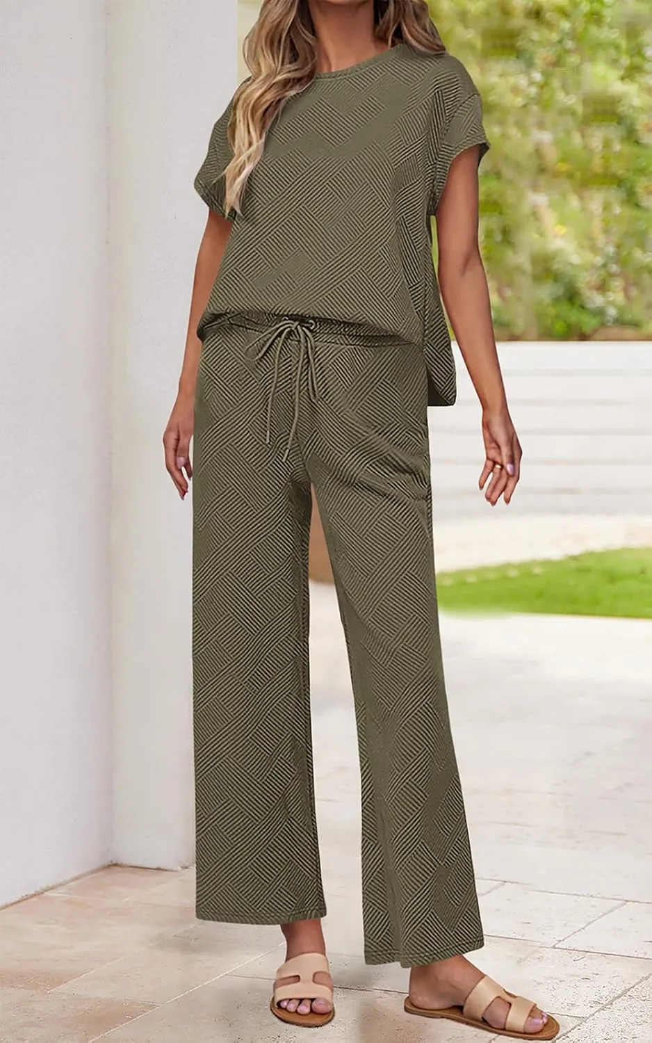 PRETTYGARDEN 2 Piece Outfits For Women Casual Tracksuit Short Sleeve Tops And Wide Leg Long Pants Matching Lounge Sets
