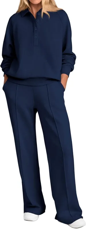 PRETTYGARDEN Women Fall 2 Piece Outfits Sweatsuits Quarter Button Long Sleeve Sweatshirt Wide Leg Pants Tracksuit Lounge Sets