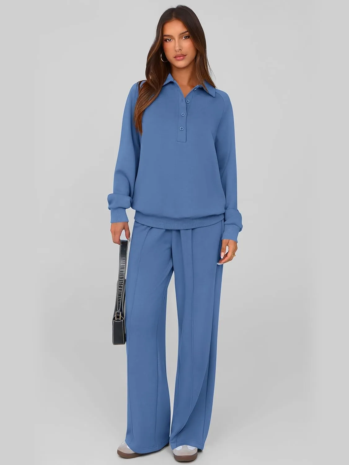 PRETTYGARDEN Women Fall 2 Piece Outfits Sweatsuits Quarter Button Long Sleeve Sweatshirt Wide Leg Pants Tracksuit Lounge Sets