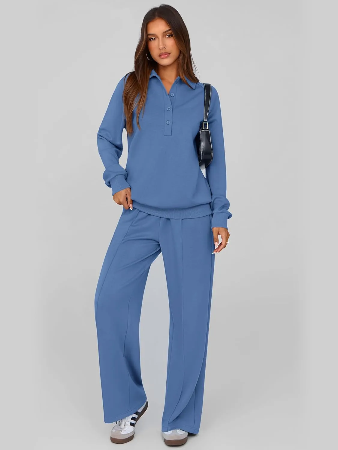 PRETTYGARDEN Women Fall 2 Piece Outfits Sweatsuits Quarter Button Long Sleeve Sweatshirt Wide Leg Pants Tracksuit Lounge Sets