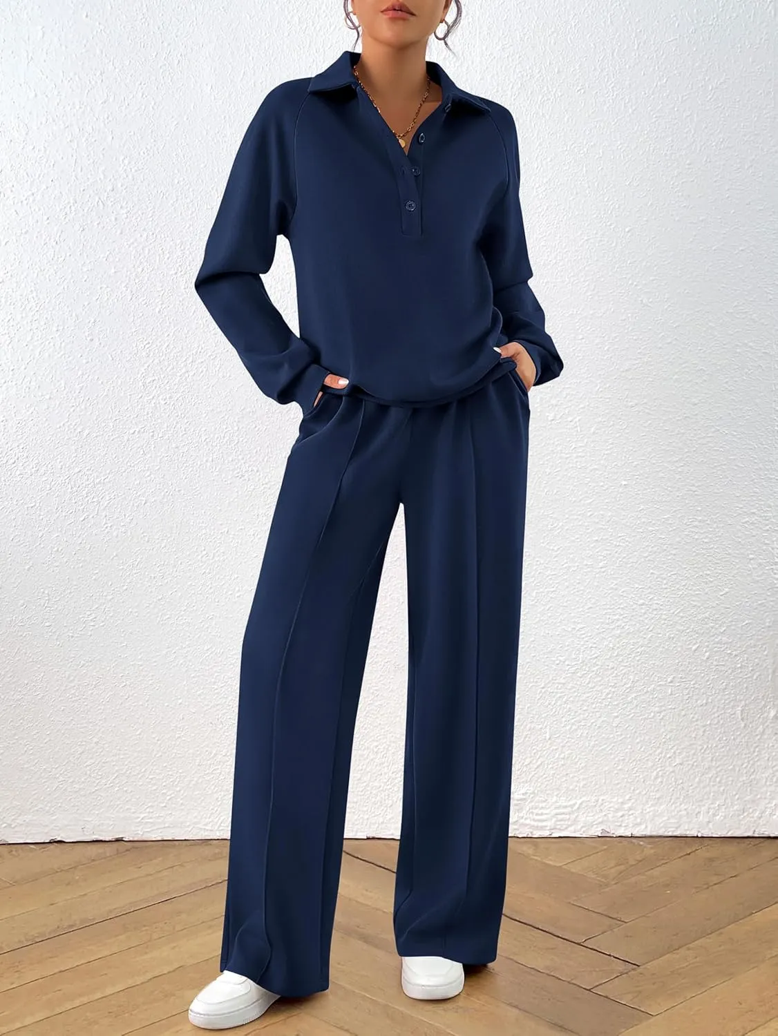 PRETTYGARDEN Women Fall 2 Piece Outfits Sweatsuits Quarter Button Long Sleeve Sweatshirt Wide Leg Pants Tracksuit Lounge Sets