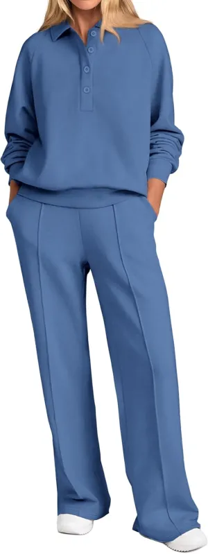 PRETTYGARDEN Women Fall 2 Piece Outfits Sweatsuits Quarter Button Long Sleeve Sweatshirt Wide Leg Pants Tracksuit Lounge Sets