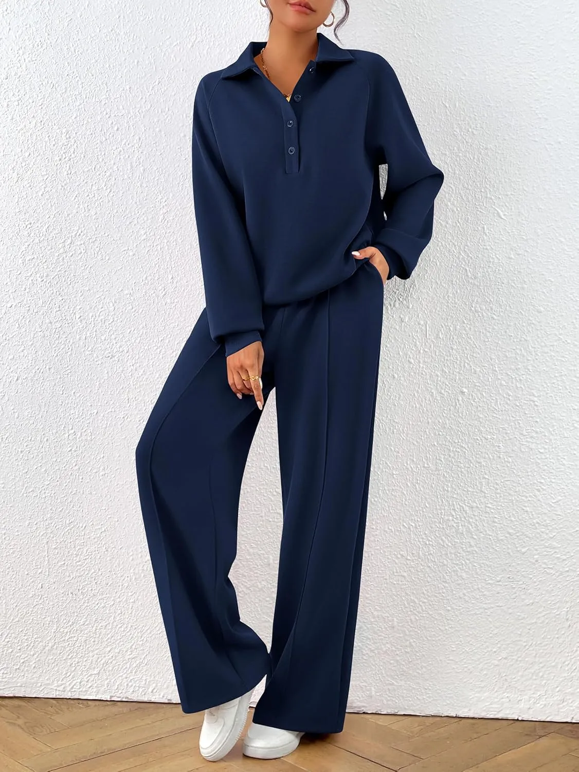 PRETTYGARDEN Women Fall 2 Piece Outfits Sweatsuits Quarter Button Long Sleeve Sweatshirt Wide Leg Pants Tracksuit Lounge Sets