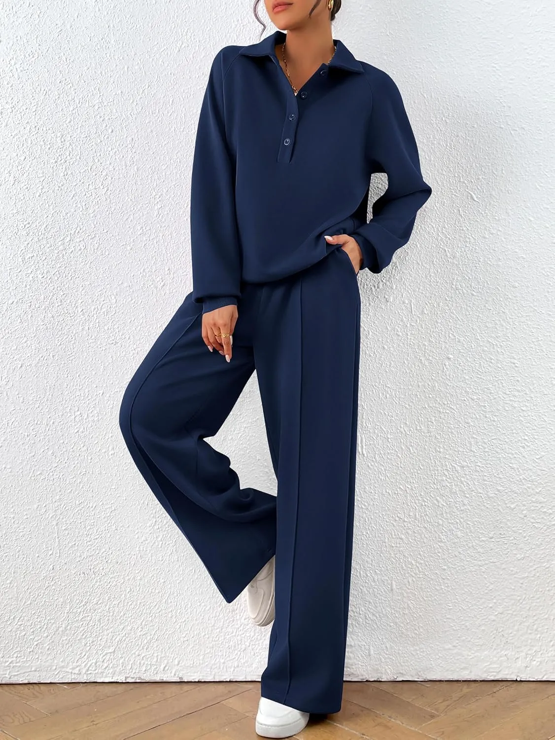 PRETTYGARDEN Women Fall 2 Piece Outfits Sweatsuits Quarter Button Long Sleeve Sweatshirt Wide Leg Pants Tracksuit Lounge Sets