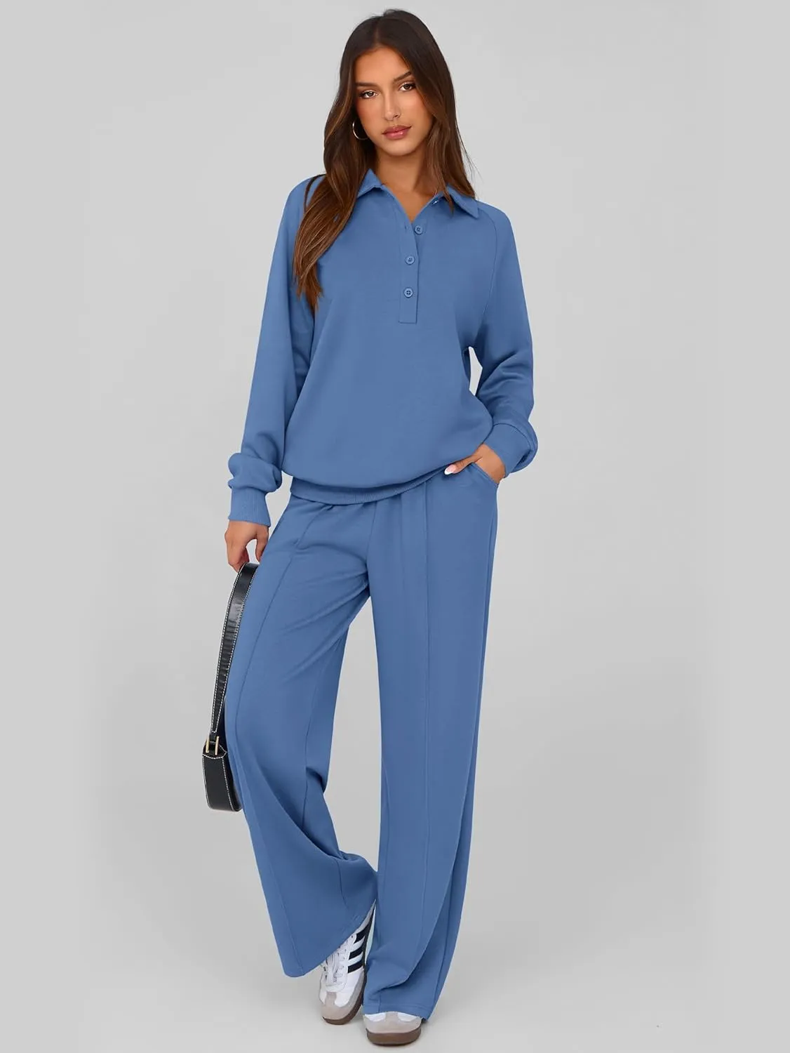 PRETTYGARDEN Women Fall 2 Piece Outfits Sweatsuits Quarter Button Long Sleeve Sweatshirt Wide Leg Pants Tracksuit Lounge Sets