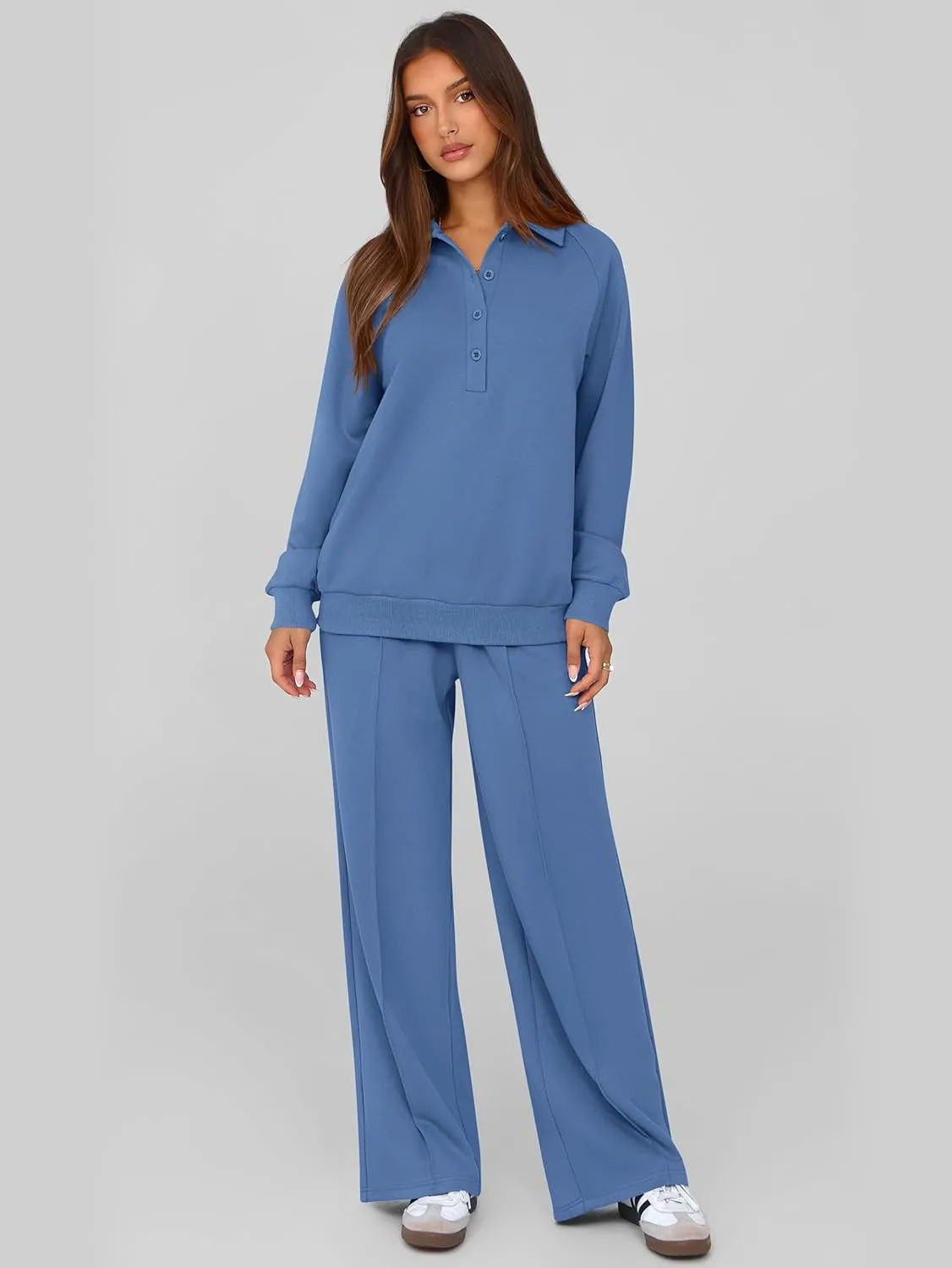 PRETTYGARDEN Women Fall 2 Piece Outfits Sweatsuits Quarter Button Long Sleeve Sweatshirt Wide Leg Pants Tracksuit Lounge Sets