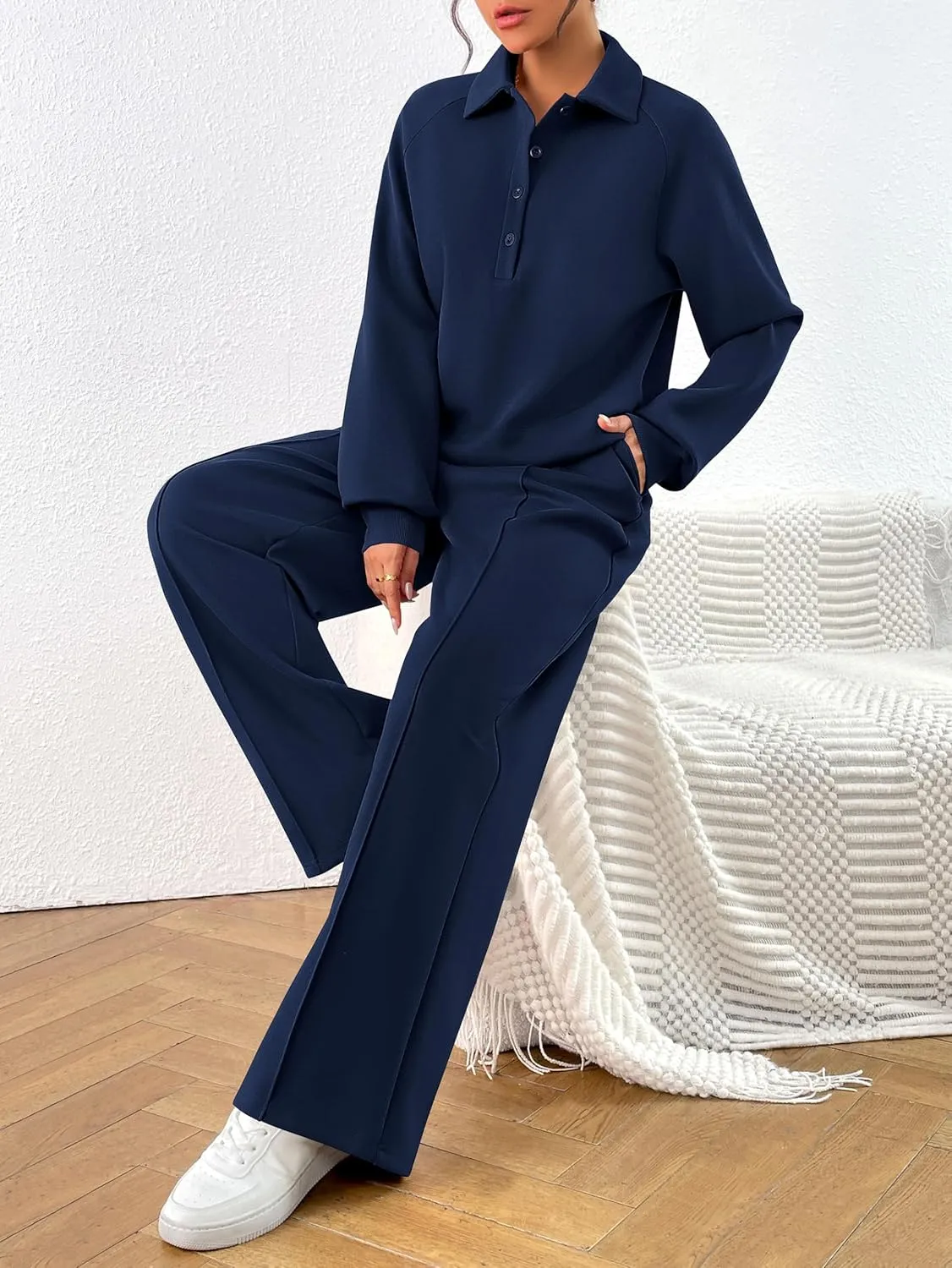 PRETTYGARDEN Women Fall 2 Piece Outfits Sweatsuits Quarter Button Long Sleeve Sweatshirt Wide Leg Pants Tracksuit Lounge Sets