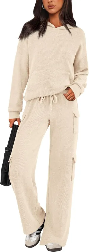 PRETTYGARDEN Women's 2 Piece Lounge Sets 2025 Fall Knitted Hoodie Pullover Tops Cargo Pants Matching Outfits Tracksuits