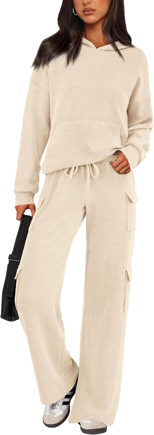 PRETTYGARDEN Women's 2 Piece Lounge Sets 2025 Fall Knitted Hoodie Pullover Tops Cargo Pants Matching Outfits Tracksuits