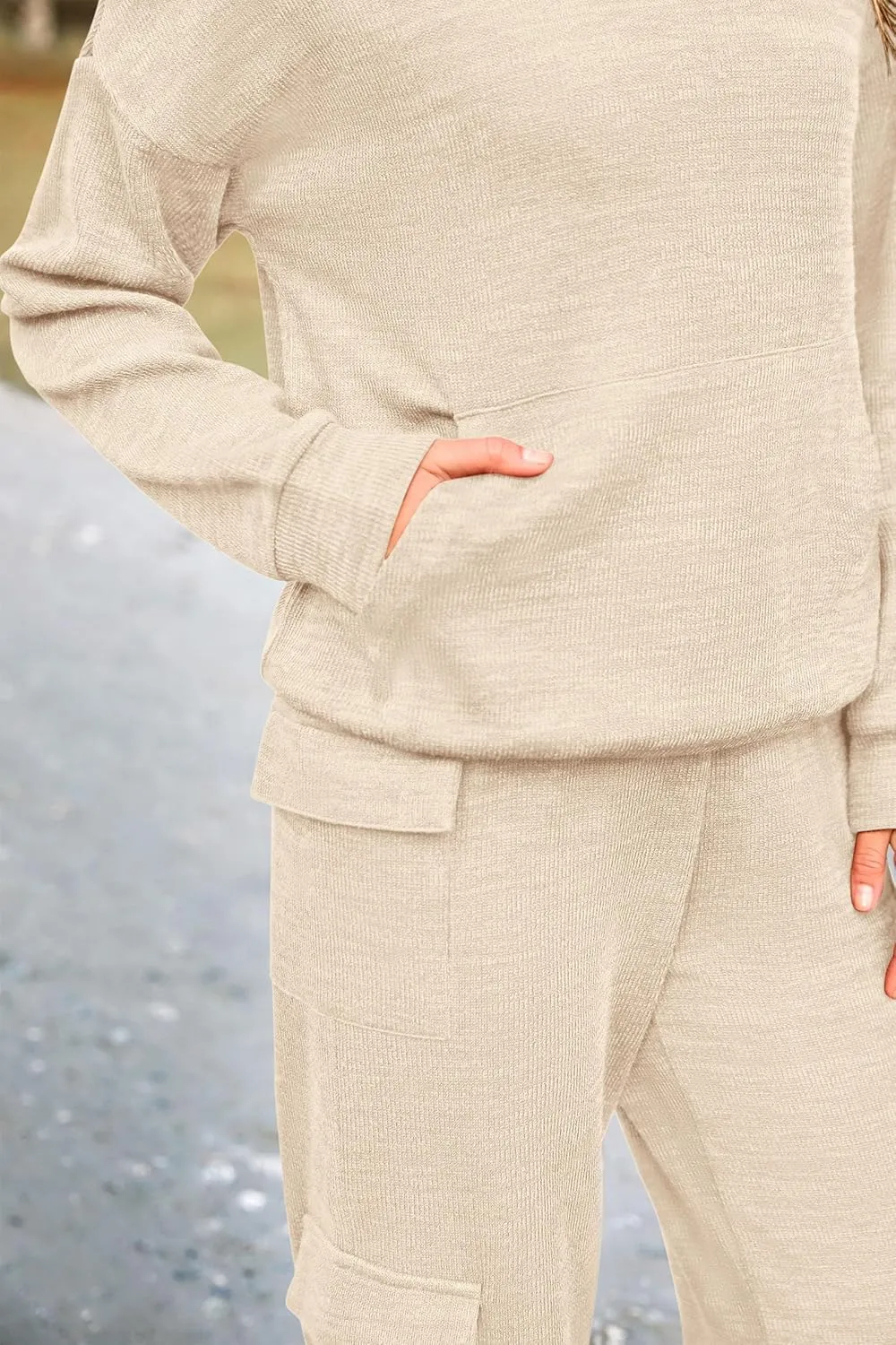 PRETTYGARDEN Women's 2 Piece Lounge Sets 2025 Fall Knitted Hoodie Pullover Tops Cargo Pants Matching Outfits Tracksuits