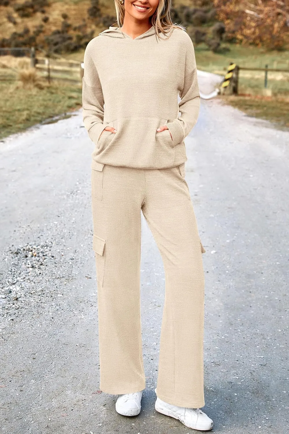 PRETTYGARDEN Women's 2 Piece Lounge Sets 2025 Fall Knitted Hoodie Pullover Tops Cargo Pants Matching Outfits Tracksuits