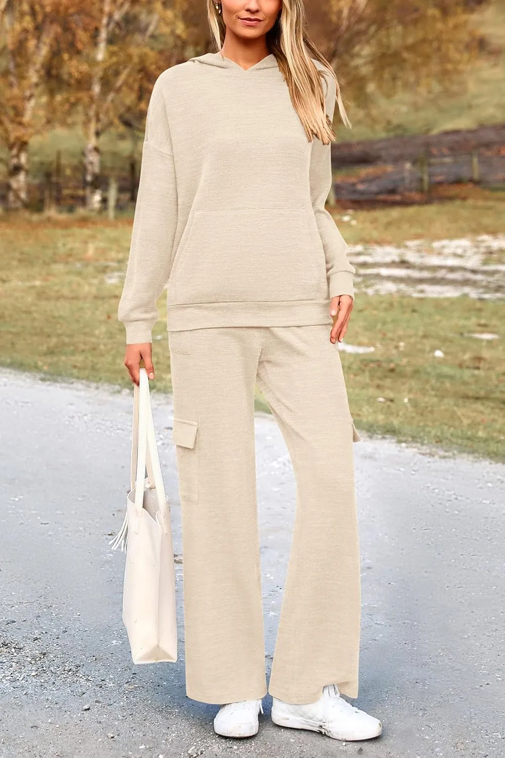 PRETTYGARDEN Women's 2 Piece Lounge Sets 2025 Fall Knitted Hoodie Pullover Tops Cargo Pants Matching Outfits Tracksuits