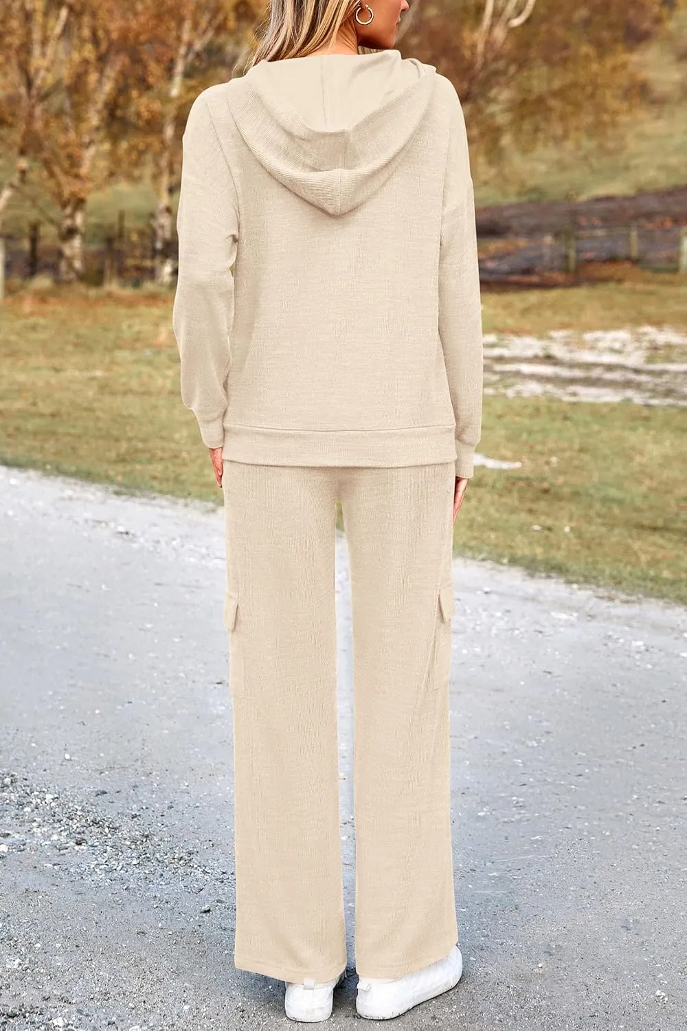 PRETTYGARDEN Women's 2 Piece Lounge Sets 2025 Fall Knitted Hoodie Pullover Tops Cargo Pants Matching Outfits Tracksuits