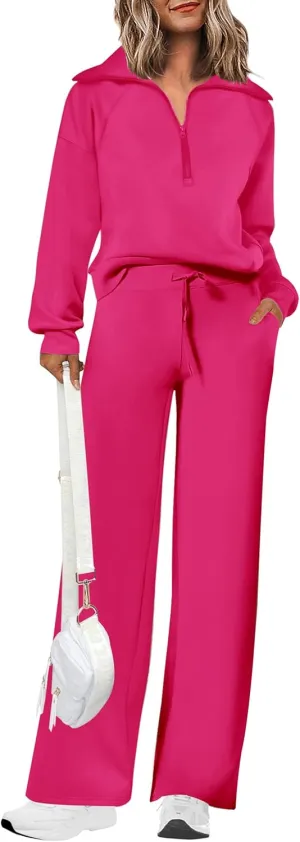 PRETTYGARDEN Women's 2 Piece Outfits Casual Lapel Half Zip Sweatshirts And Wide Leg Pants Tracksuit Sets