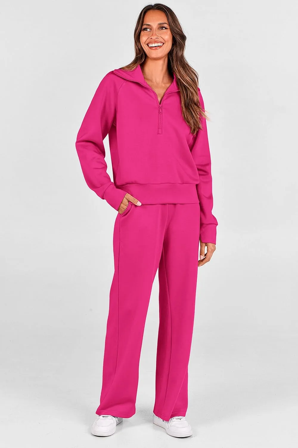 PRETTYGARDEN Women's 2 Piece Outfits Casual Lapel Half Zip Sweatshirts And Wide Leg Pants Tracksuit Sets