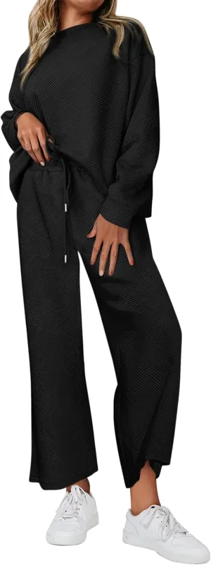 PRETTYGARDEN Women's 2 Piece Outfits Casual Long Sleeve Pullover Tops and Wide Leg Pants Knitted Lounge Sets