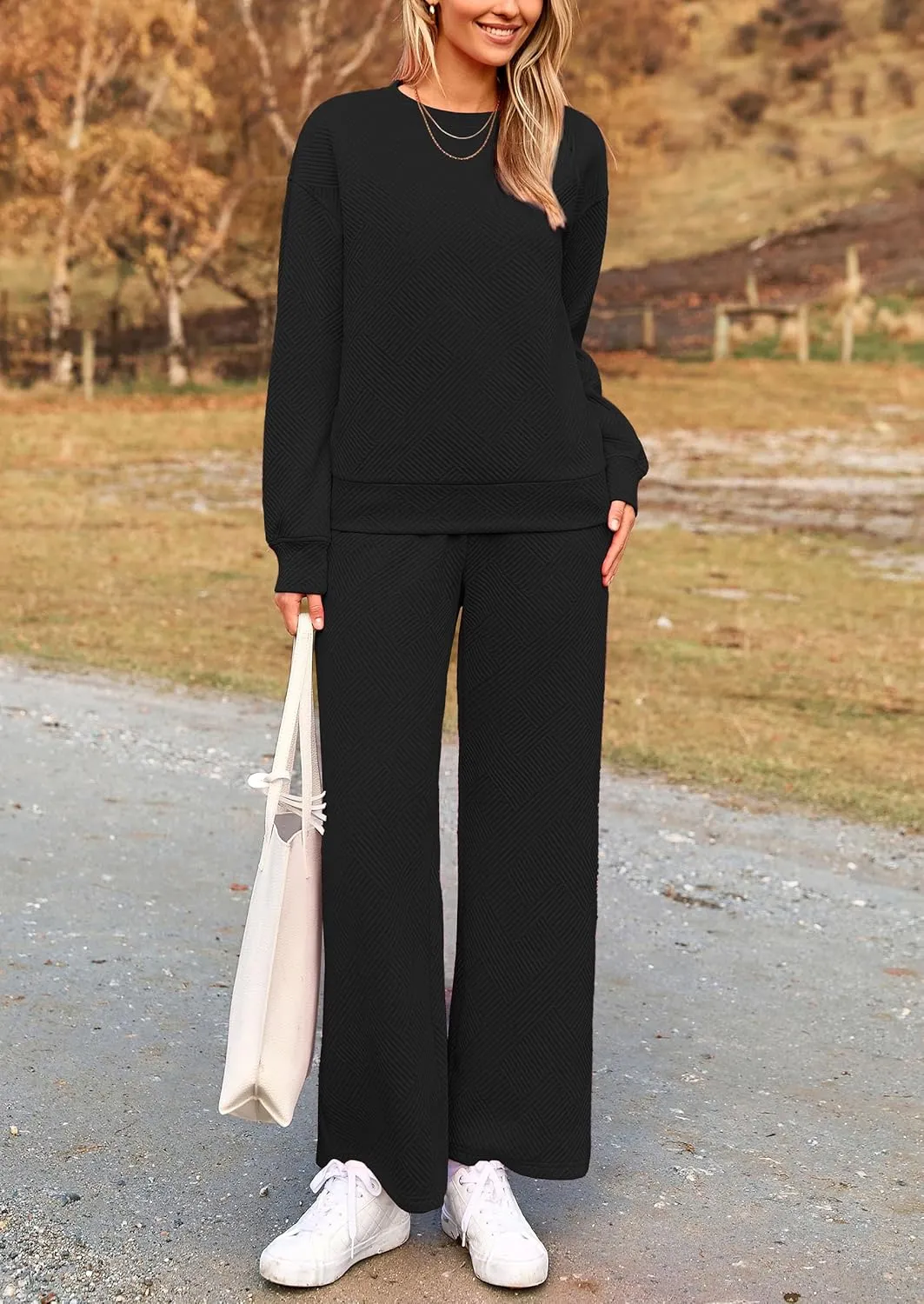 PRETTYGARDEN Women's 2 Piece Outfits Casual Long Sleeve Pullover Tops and Wide Leg Pants Knitted Lounge Sets