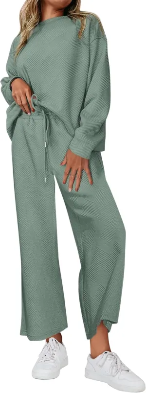 PRETTYGARDEN Women's 2 Piece Outfits Casual Long Sleeve Pullover Tops and Wide Leg Pants Knitted Lounge Sets