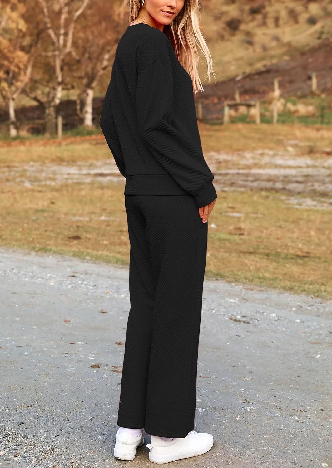 PRETTYGARDEN Women's 2 Piece Outfits Casual Long Sleeve Pullover Tops and Wide Leg Pants Knitted Lounge Sets