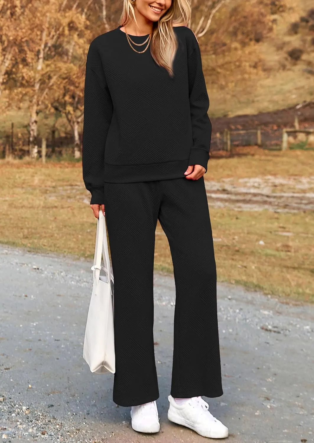 PRETTYGARDEN Women's 2 Piece Outfits Casual Long Sleeve Pullover Tops and Wide Leg Pants Knitted Lounge Sets