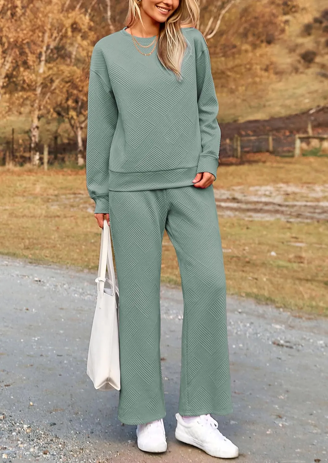 PRETTYGARDEN Women's 2 Piece Outfits Casual Long Sleeve Pullover Tops and Wide Leg Pants Knitted Lounge Sets