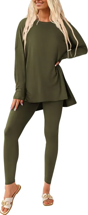 PRETTYGARDEN Women's 2 Piece Outfits Casual Long Sleeve Tunic Tops Legging Pants Matching Lounge Sets Sweatsuits