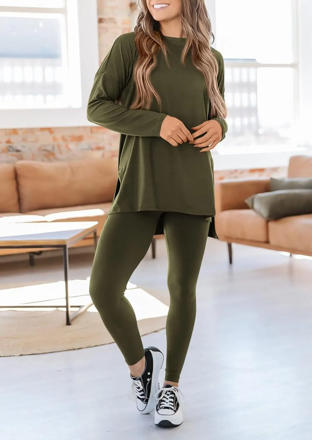 PRETTYGARDEN Women's 2 Piece Outfits Casual Long Sleeve Tunic Tops Legging Pants Matching Lounge Sets Sweatsuits