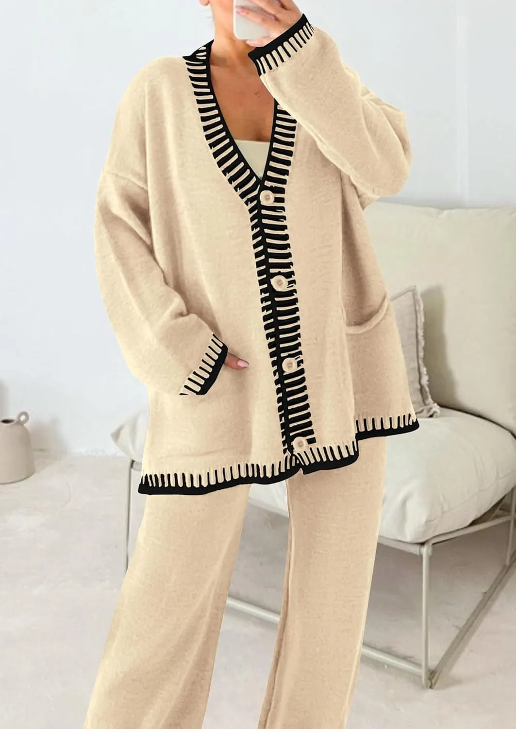 PRETTYGARDEN Women's 2 Piece Outfits Knit Matching Lounge Sets Long Sleeve V Neck Cardigan Sweaters Wide Leg Pants Tracksuits