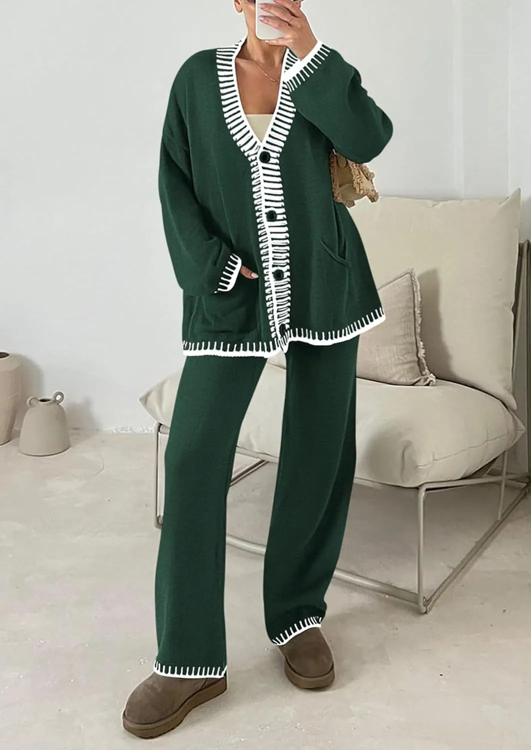 PRETTYGARDEN Women's 2 Piece Outfits Knit Matching Lounge Sets Long Sleeve V Neck Cardigan Sweaters Wide Leg Pants Tracksuits