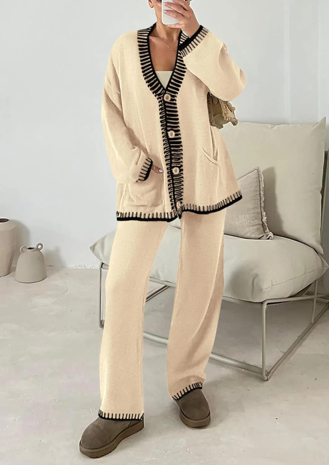 PRETTYGARDEN Women's 2 Piece Outfits Knit Matching Lounge Sets Long Sleeve V Neck Cardigan Sweaters Wide Leg Pants Tracksuits