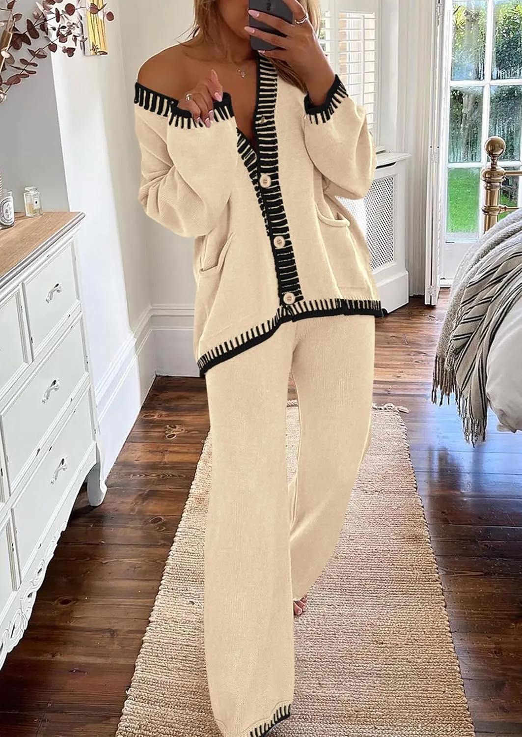 PRETTYGARDEN Women's 2 Piece Outfits Knit Matching Lounge Sets Long Sleeve V Neck Cardigan Sweaters Wide Leg Pants Tracksuits