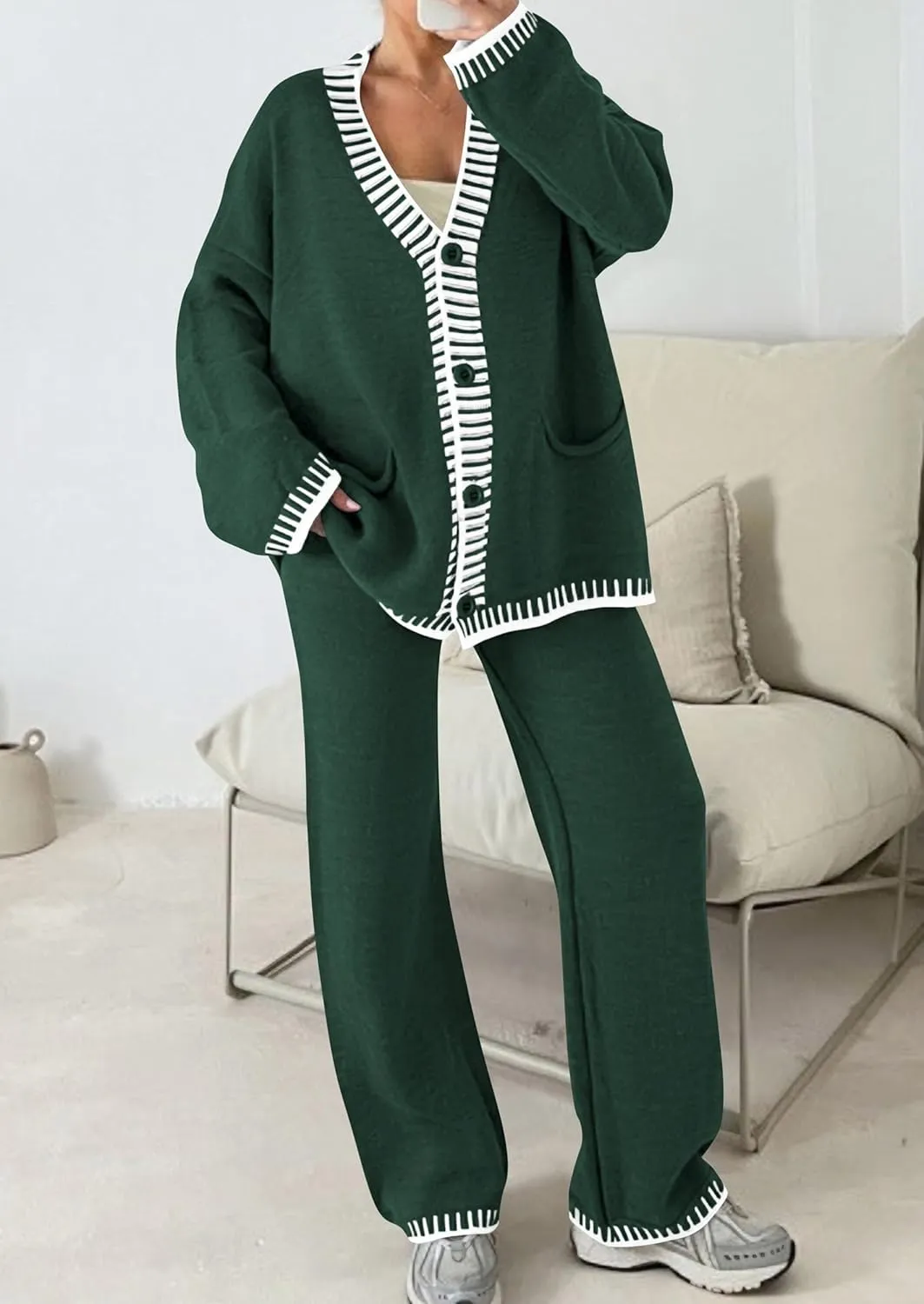 PRETTYGARDEN Women's 2 Piece Outfits Knit Matching Lounge Sets Long Sleeve V Neck Cardigan Sweaters Wide Leg Pants Tracksuits