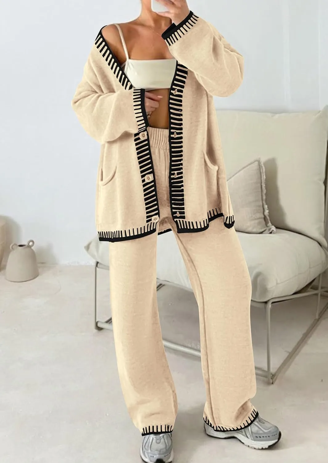 PRETTYGARDEN Women's 2 Piece Outfits Knit Matching Lounge Sets Long Sleeve V Neck Cardigan Sweaters Wide Leg Pants Tracksuits