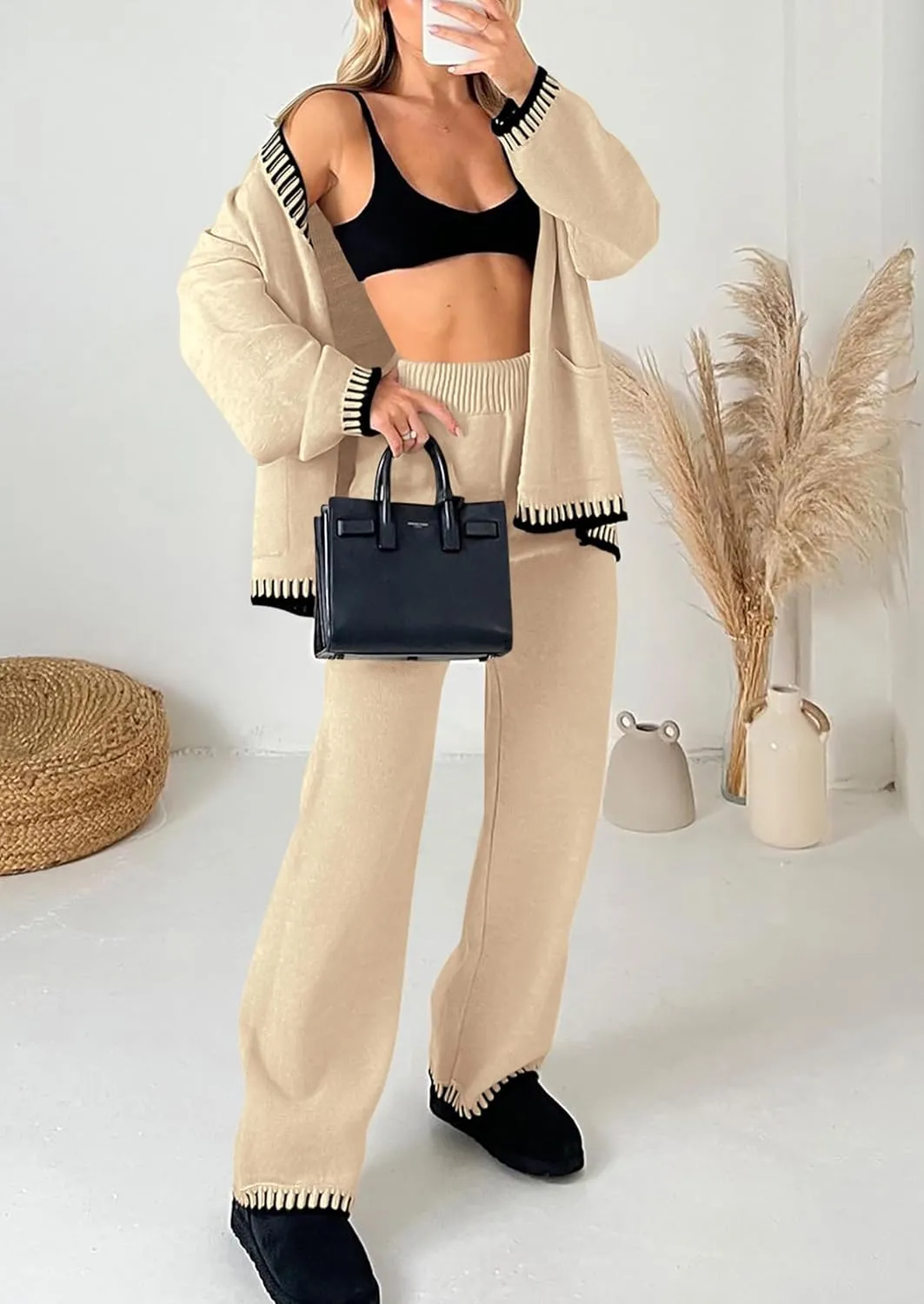 PRETTYGARDEN Women's 2 Piece Outfits Knit Matching Lounge Sets Long Sleeve V Neck Cardigan Sweaters Wide Leg Pants Tracksuits