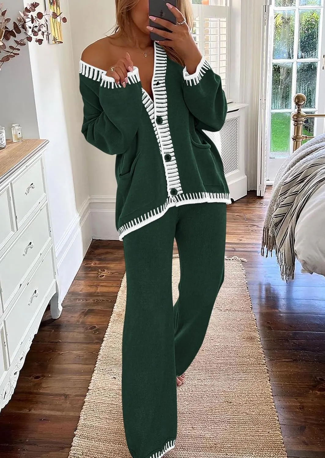 PRETTYGARDEN Women's 2 Piece Outfits Knit Matching Lounge Sets Long Sleeve V Neck Cardigan Sweaters Wide Leg Pants Tracksuits