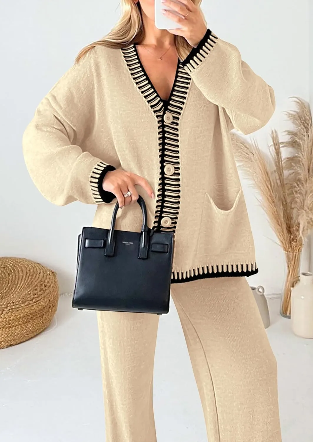 PRETTYGARDEN Women's 2 Piece Outfits Knit Matching Lounge Sets Long Sleeve V Neck Cardigan Sweaters Wide Leg Pants Tracksuits