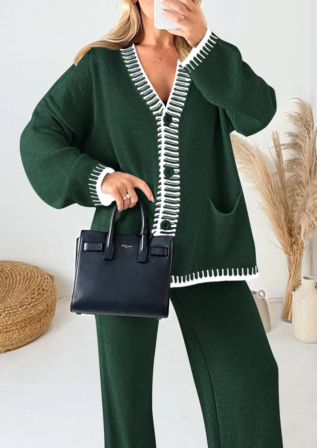 PRETTYGARDEN Women's 2 Piece Outfits Knit Matching Lounge Sets Long Sleeve V Neck Cardigan Sweaters Wide Leg Pants Tracksuits