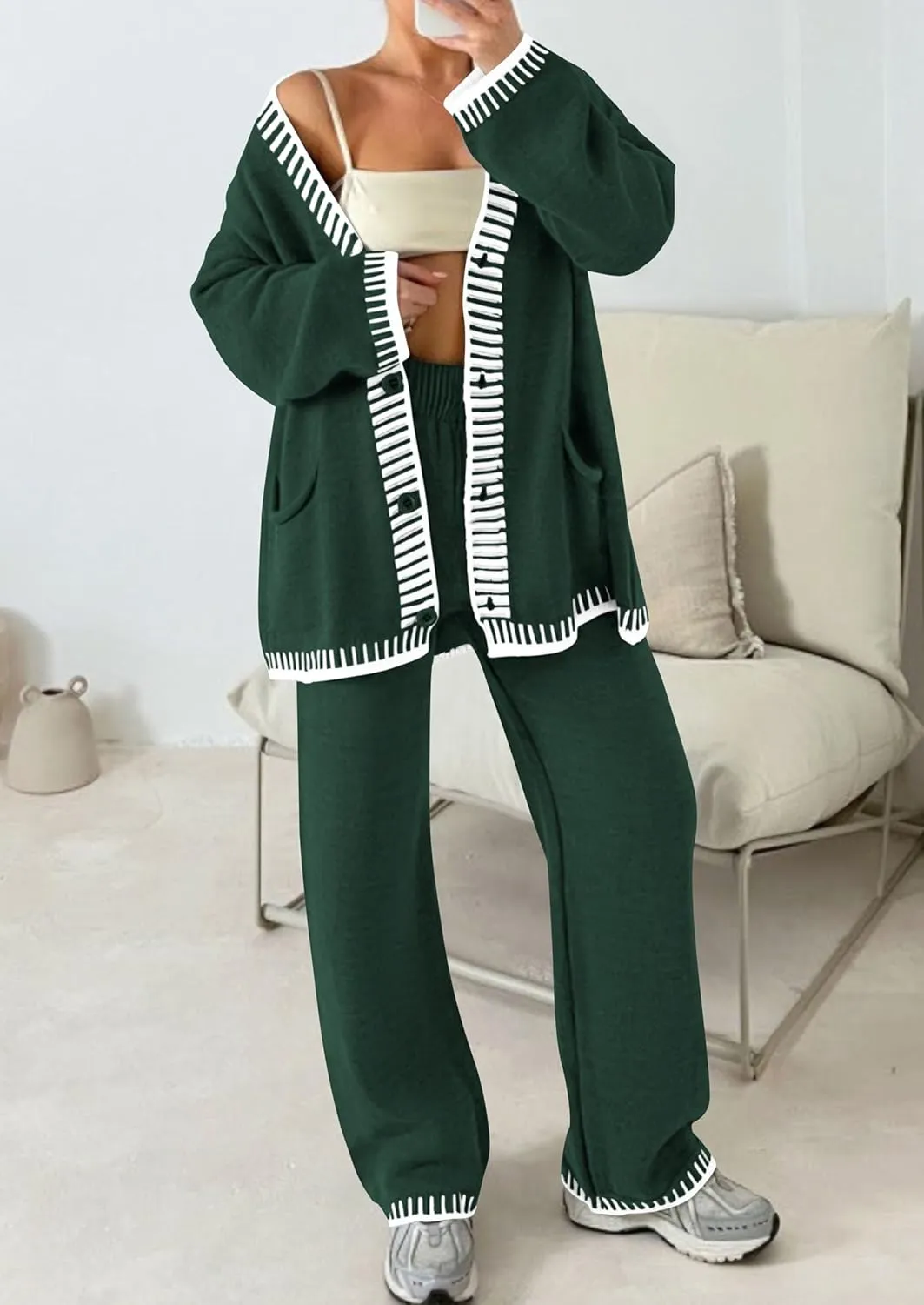 PRETTYGARDEN Women's 2 Piece Outfits Knit Matching Lounge Sets Long Sleeve V Neck Cardigan Sweaters Wide Leg Pants Tracksuits