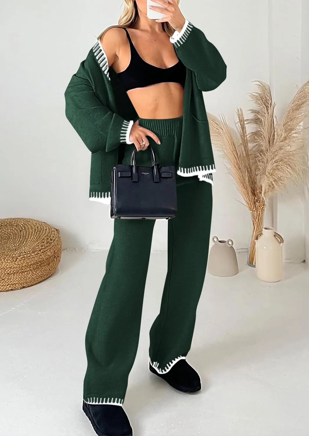 PRETTYGARDEN Women's 2 Piece Outfits Knit Matching Lounge Sets Long Sleeve V Neck Cardigan Sweaters Wide Leg Pants Tracksuits